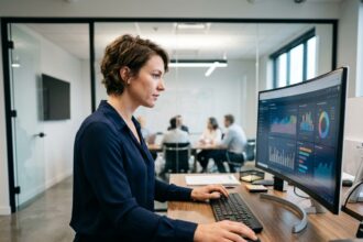 Femme construisant un tableau de bord data au bureau