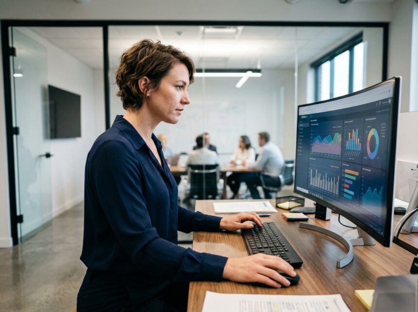 Femme construisant un tableau de bord data au bureau