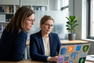 Femme d'âge moyen au bureau avec ordinateur et logos