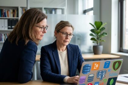 Femme d'âge moyen au bureau avec ordinateur et logos