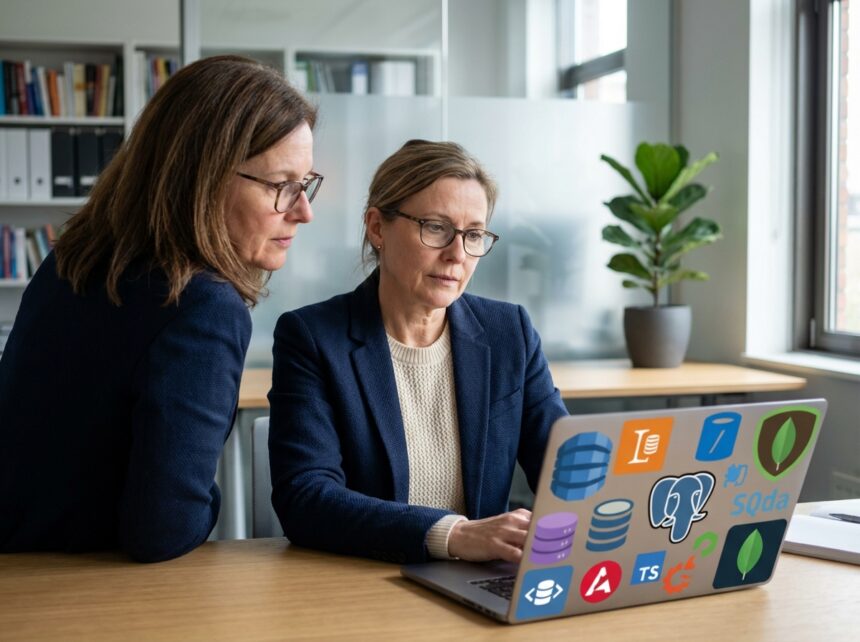 Femme d'âge moyen au bureau avec ordinateur et logos