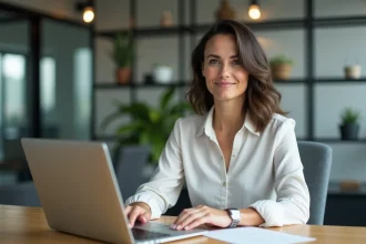 Femme au bureau utilisant un portail RH en ligne