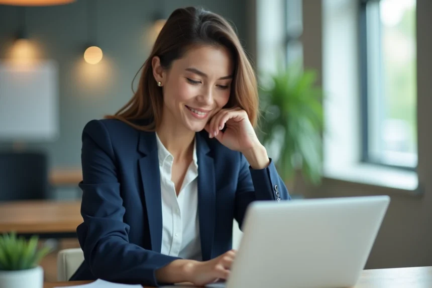 Femme d'affaires souriante dans un bureau lumineux