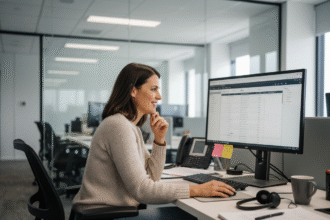 Femme souriante dans un bureau moderne avec ordinateur