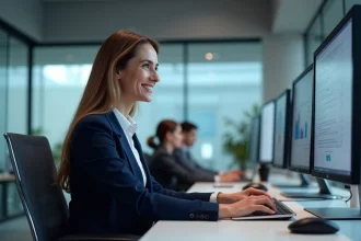 Femme cadre utilisant l'intranet Inetum sur un poste de travail en open space moderne pour sa digital workplace au quotidien