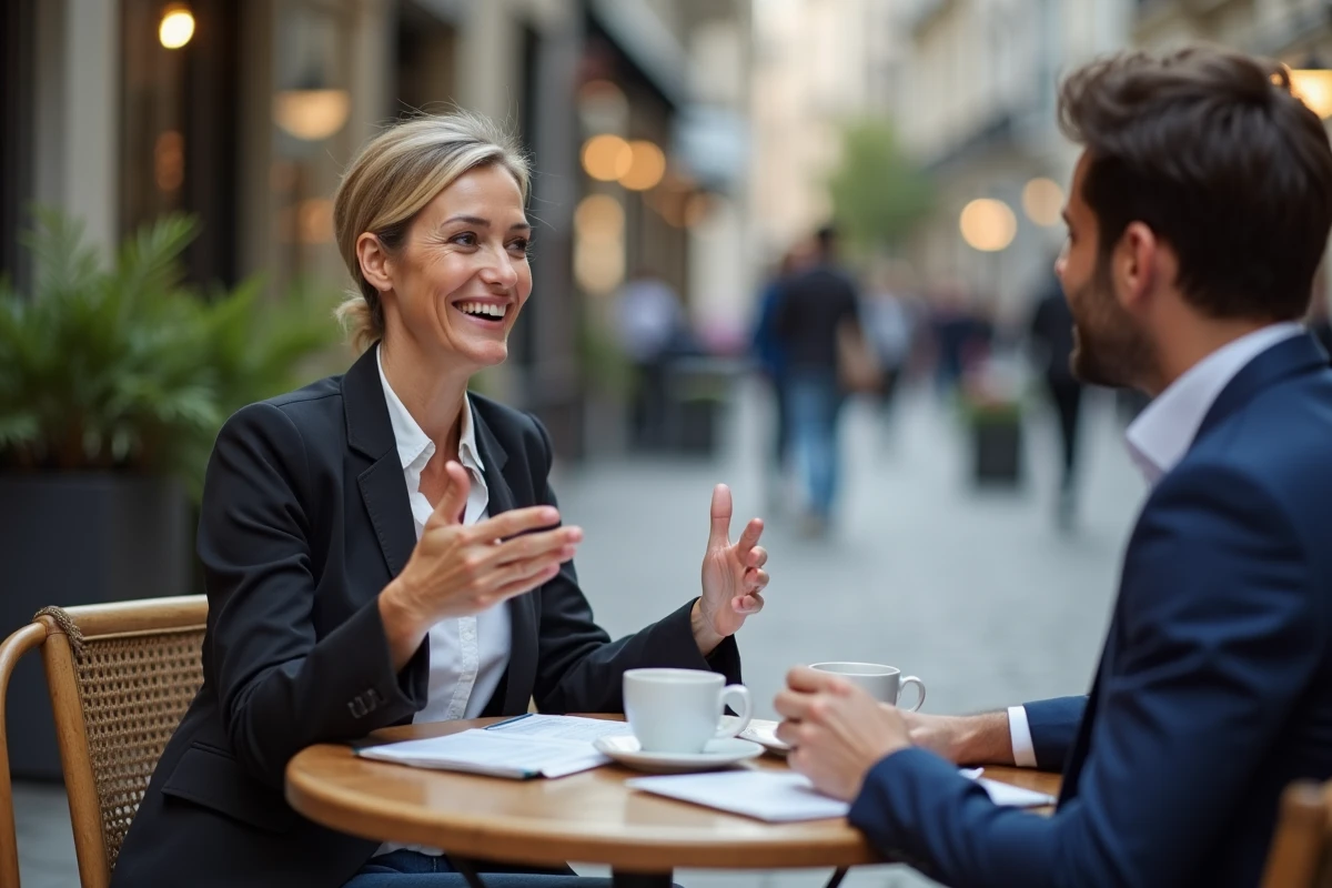 Femme souriante discutant en café en extérieur