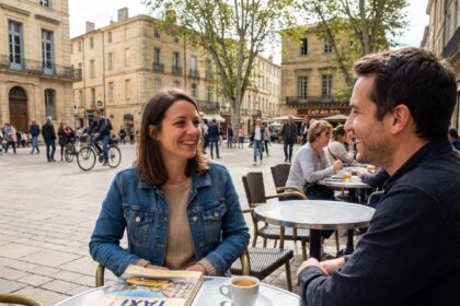 Femme souriante à Montpellier avec livre de français