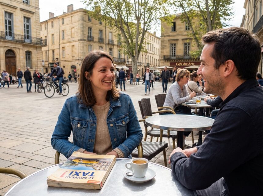 Femme souriante à Montpellier avec livre de français