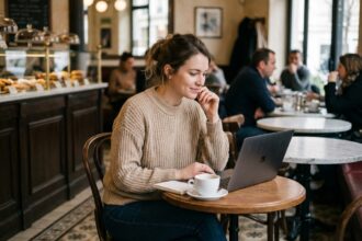 Femme travaillant dans un café parisien cosy et lumineux