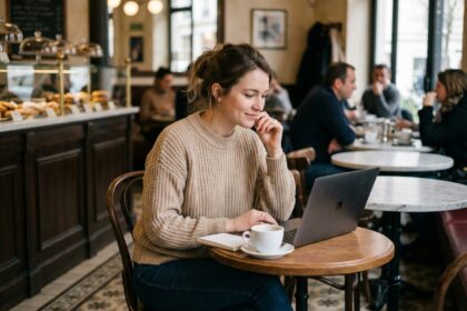 Femme travaillant dans un café parisien cosy et lumineux