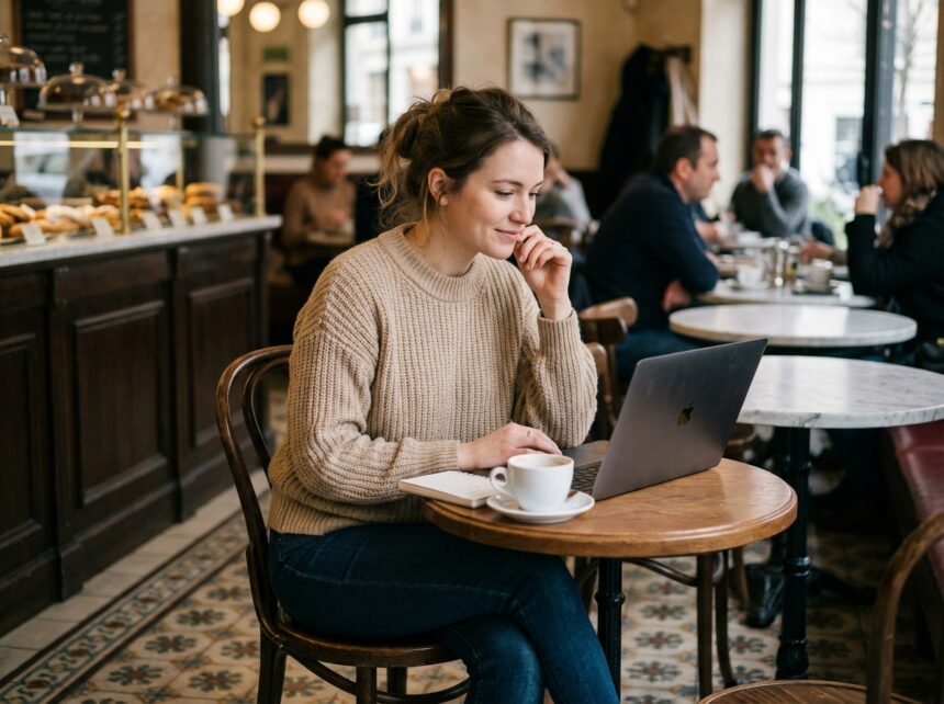 Femme travaillant dans un café parisien cosy et lumineux