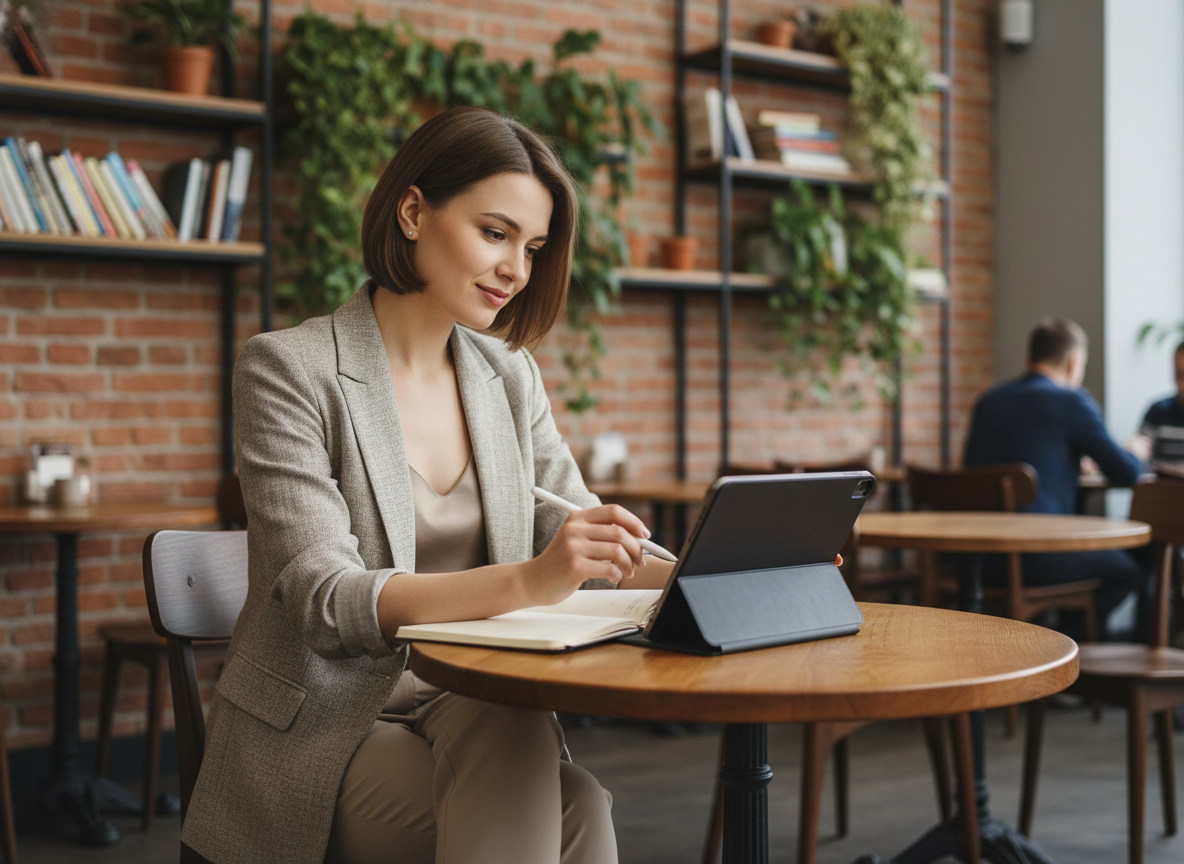 Jeune femme au café prenant des notes sur une tablette