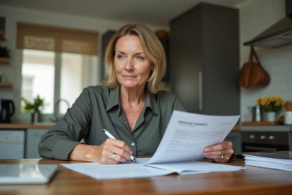 Femme d'âge moyen triant des papiers d'emploi dans la cuisine