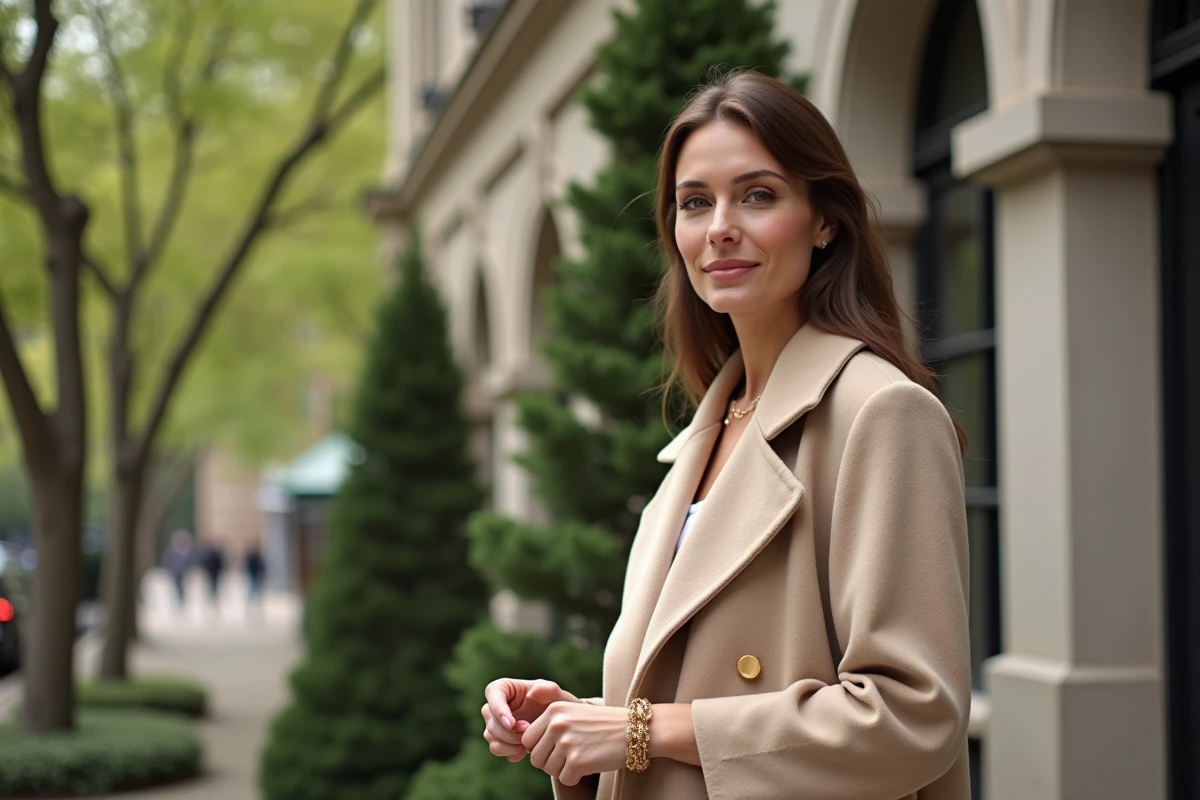 Femme en manteau beige ajustant un bracelet en ville