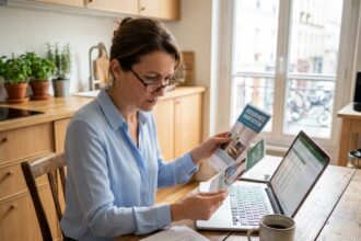 Femme comparant des offres de mutuelle santé sur ordinateur portable avec des brochures papier sur une table en bois