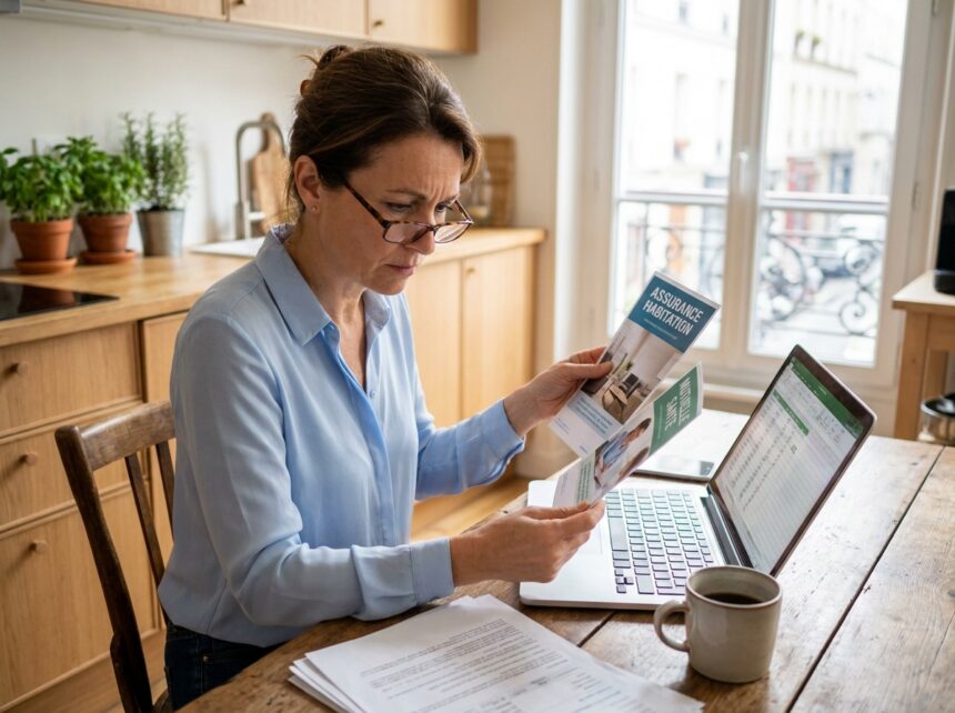 Femme comparant des offres de mutuelle santé sur ordinateur portable avec des brochures papier sur une table en bois
