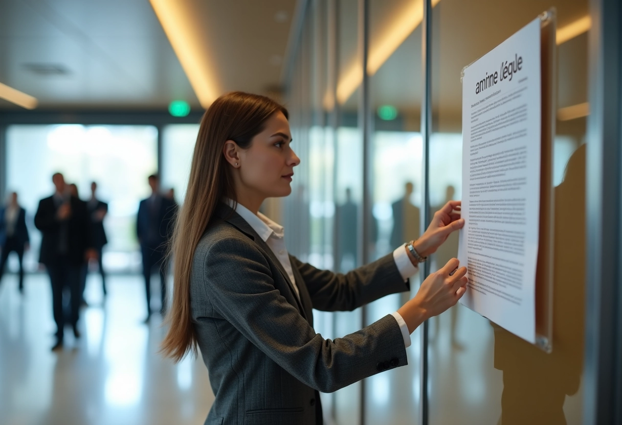 Femme comptable affiche une annonce légale dans un bureau
