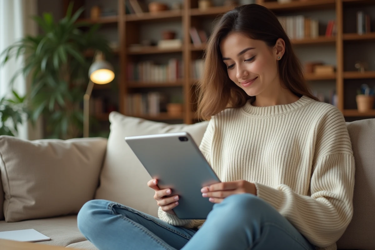 Jeune femme consultant son espace personnel extranet a2micile sur une tablette depuis son salon