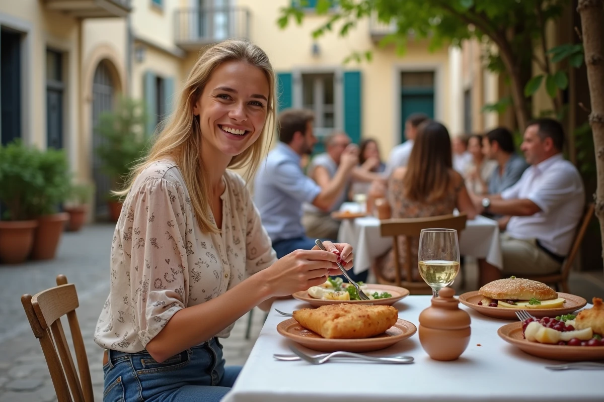 Jeune femme corse dégustant un repas en plein air