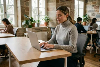 Femme travaillant dans un espace de coworking moderne à Fontainebleau avec murs en pierre apparente