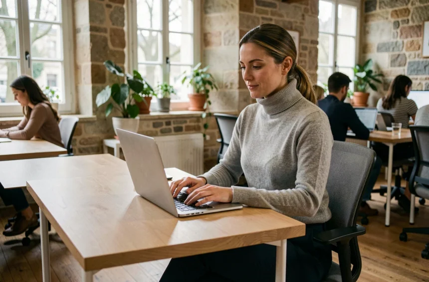 Femme travaillant dans un espace de coworking moderne à Fontainebleau avec murs en pierre apparente