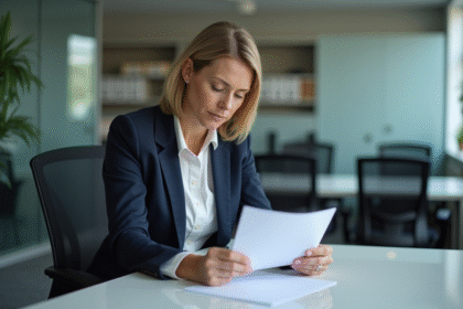 Femme d'affaires remettant une lettre de démission sur son bureau