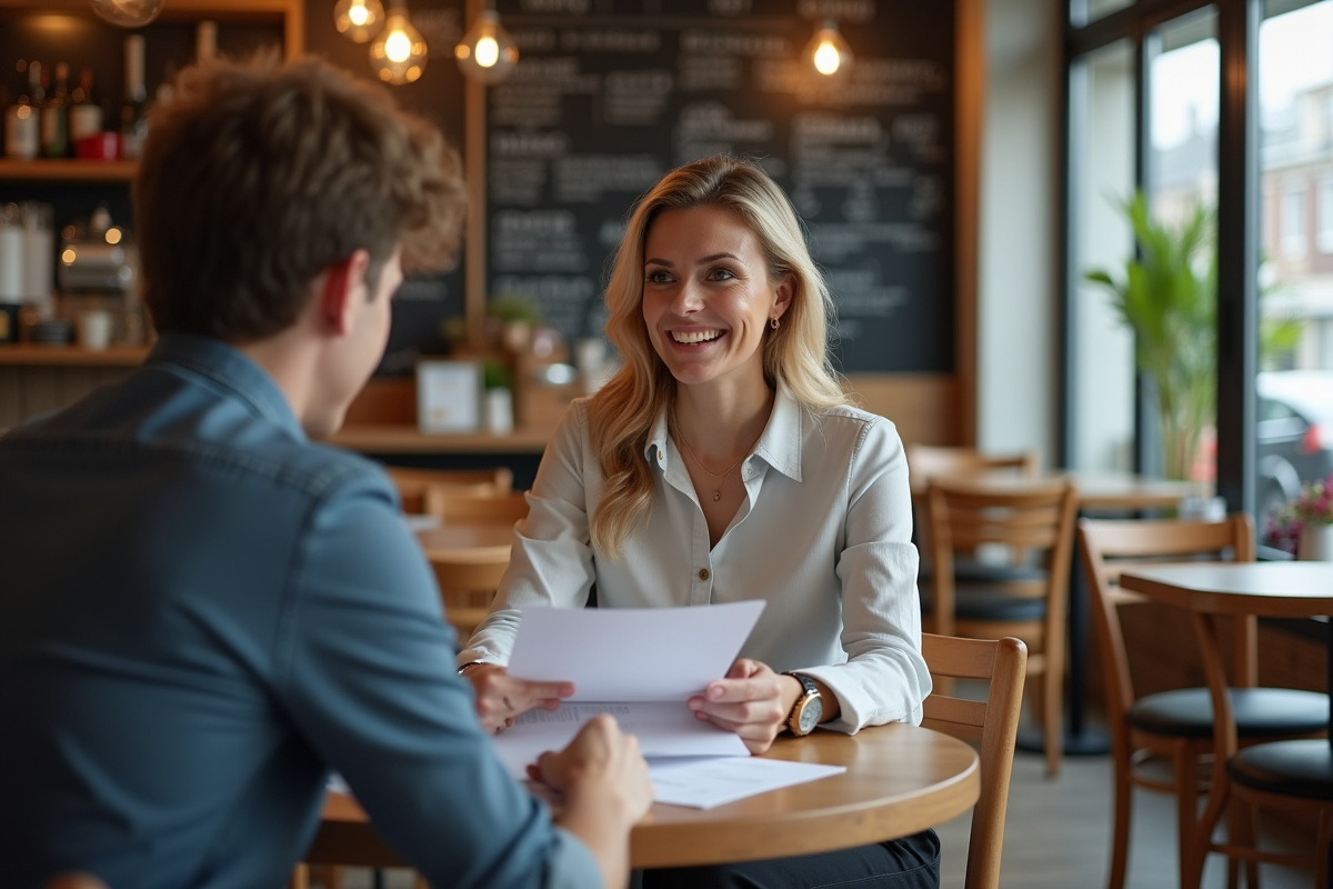 Femme souriante discute de paperasse avec un collègue au café