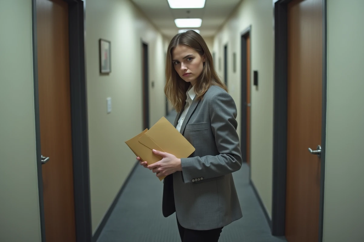 Jeune femme anxieuse dans un couloir de bureau moderne