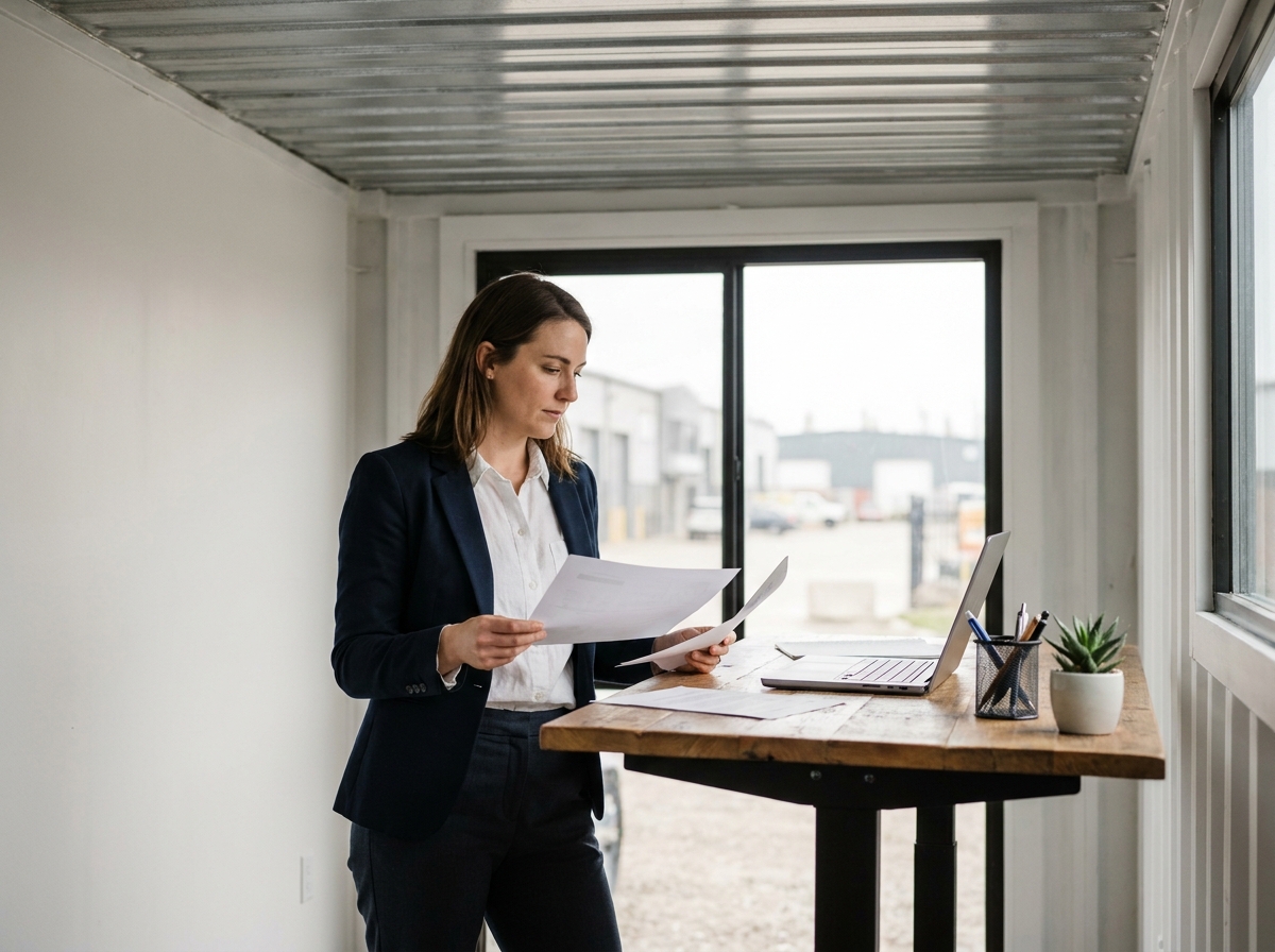 Femme entrepreneur travaillant dans un container aménagé en bureau intérieur minimaliste avec bureau en bois et fenêtre panoramique