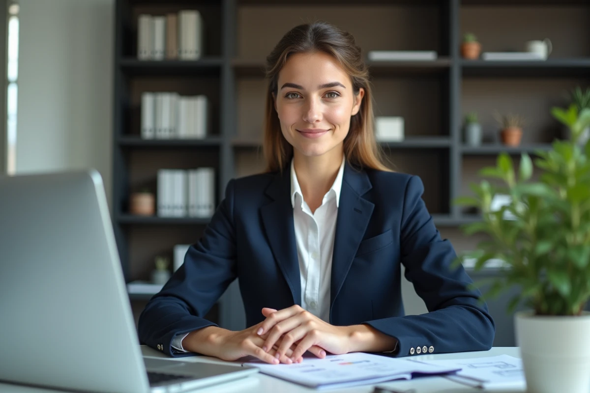Jeune femme entrepreneure assise à son bureau avec ordinateur