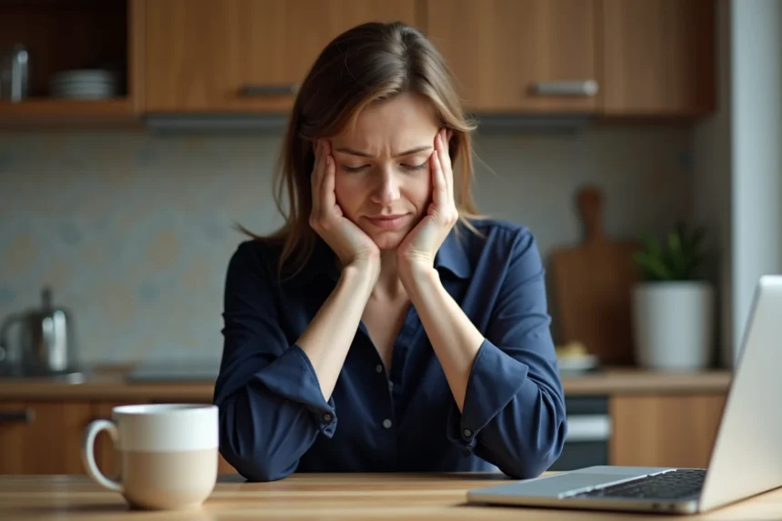 Femme fatiguée dans la cuisine en blouse navy