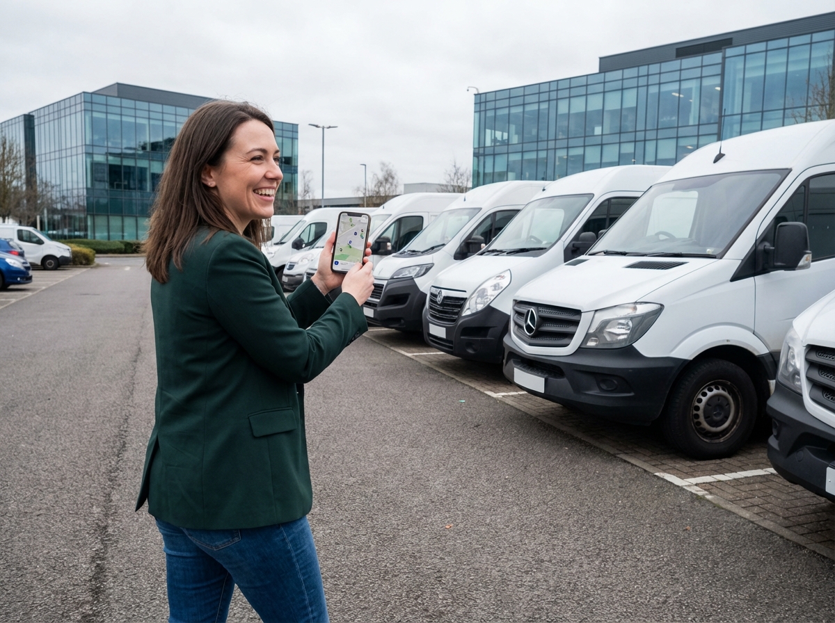 Femme souriante contrôlant livraison avec smartphone dans parking