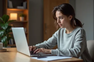 Femme freelance examinant un contrat de prestation de service en ligne depuis son bureau à domicile