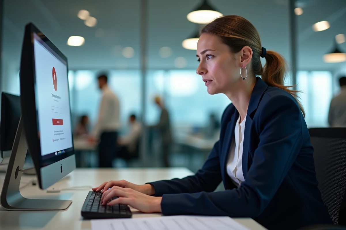 Femme en entreprise face à un écran d'ordinateur avec un formulaire de connexion et identifiants oubliés pour l'Urssaf