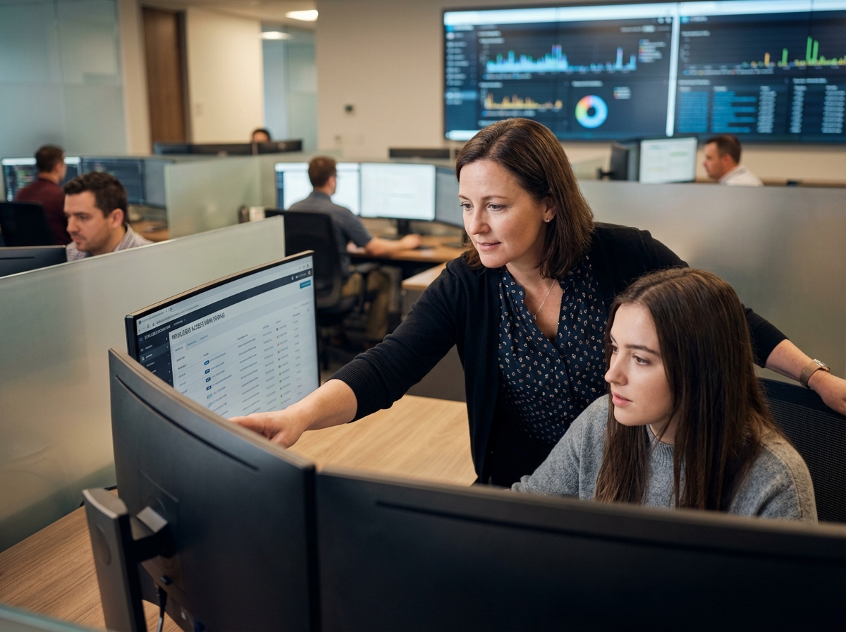 Femme professionnelle aidant un collègue dans un centre de sécurité