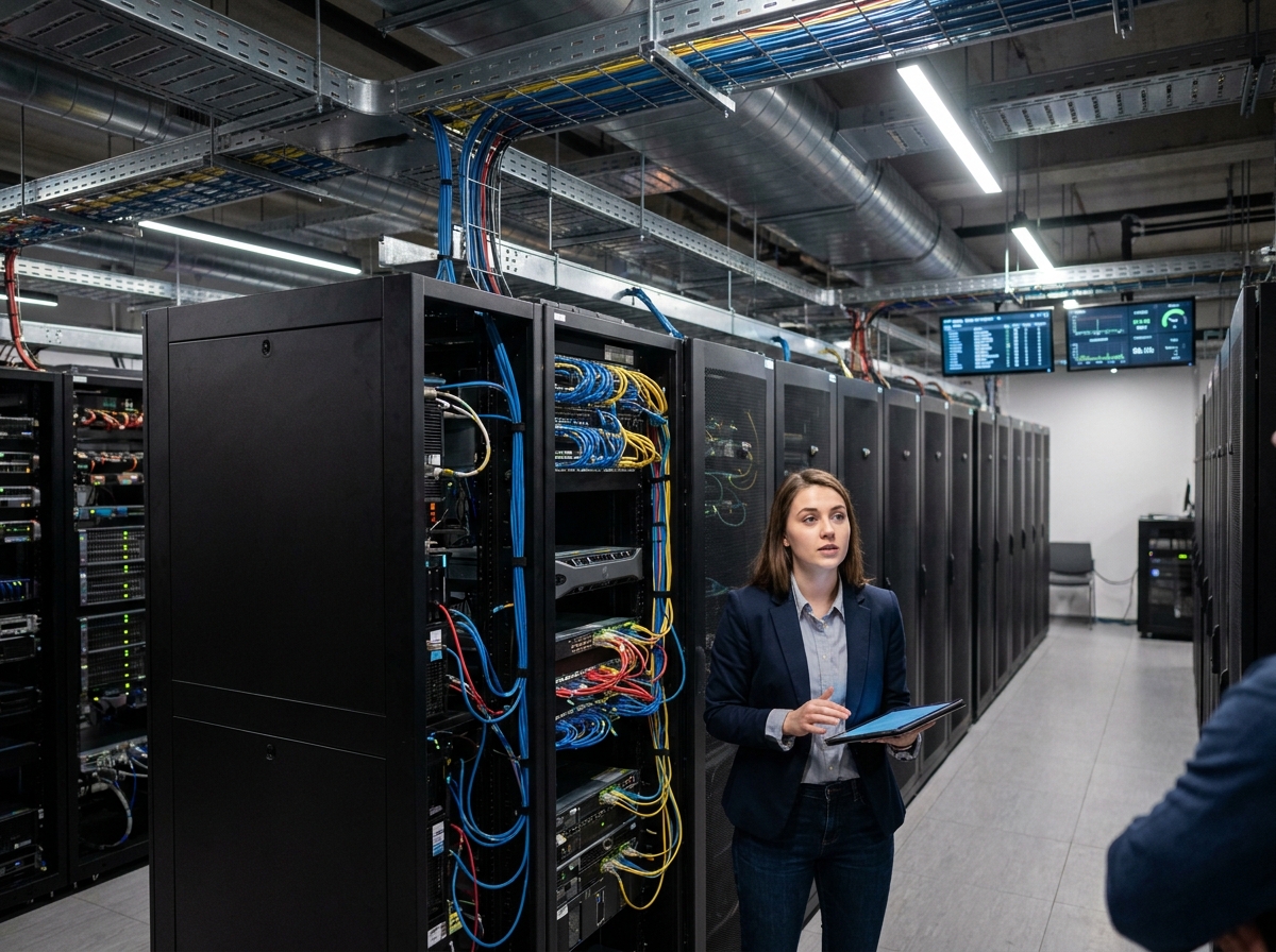 Jeune femme gestionnaire IT dans un centre de serveurs
