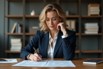Femme en costume professionnel examine des documents juridiques