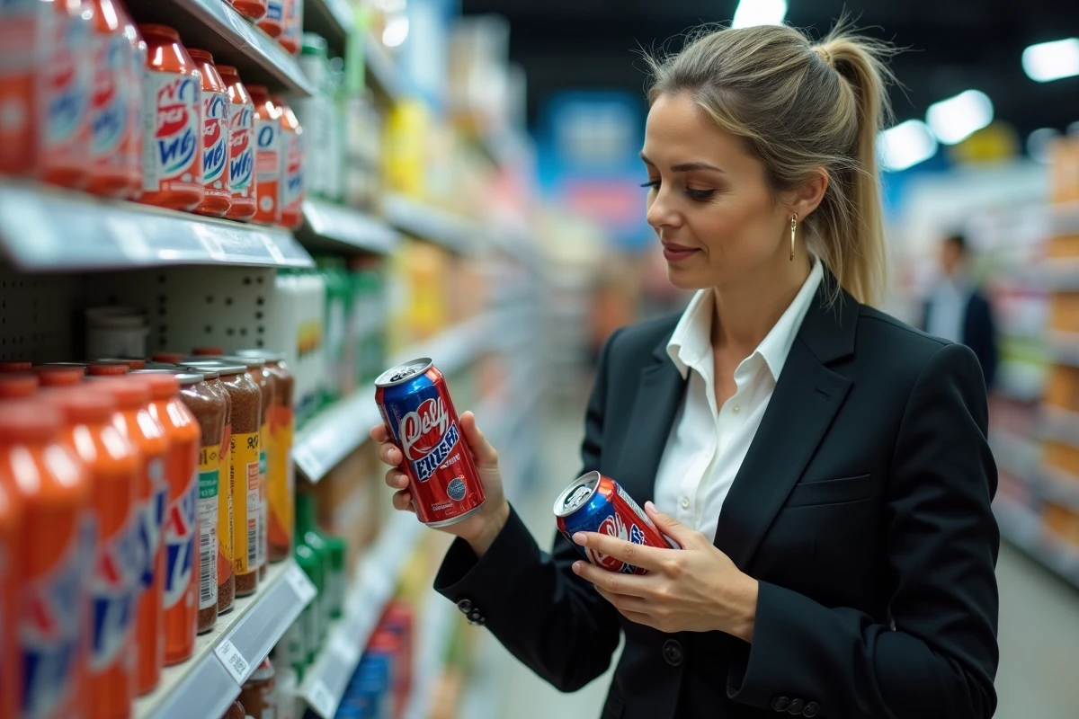 Femme d age moyen lisant une étiquette de boisson en supermarché