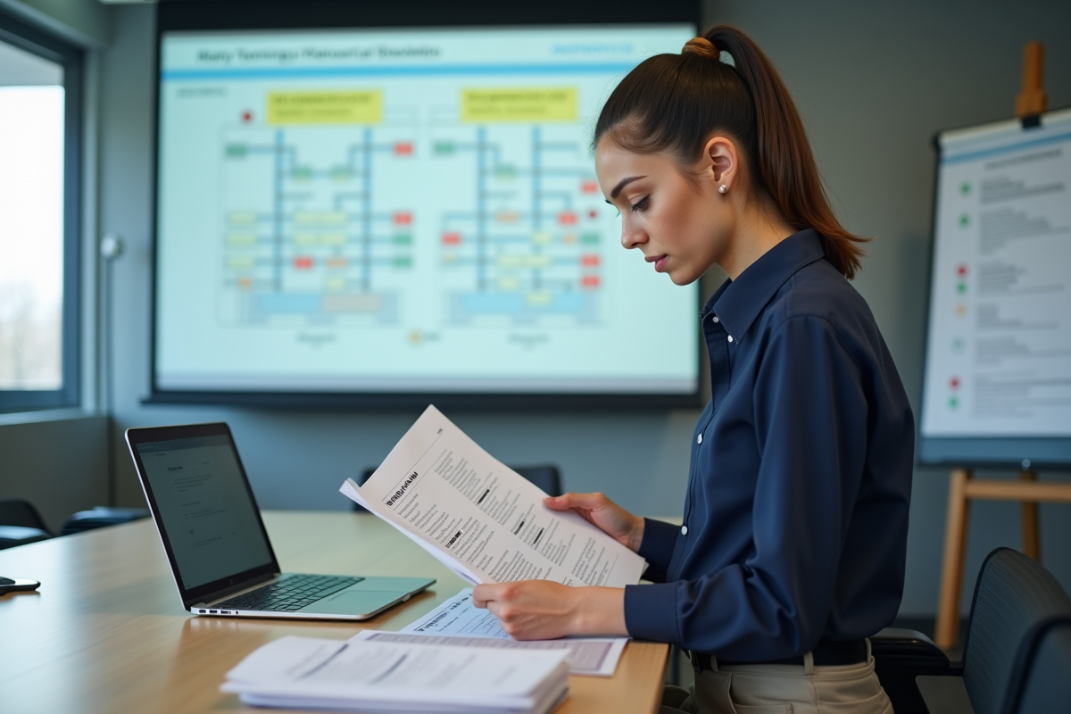 Jeune femme étudiant un manuel de normes électriques en formation