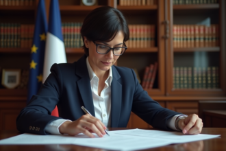 Femme d'âge moyen en bureau juridique avec documents
