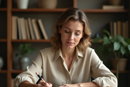 Femme rédigeant une lettre de motivation manuscrite à son bureau avec un stylo plume
