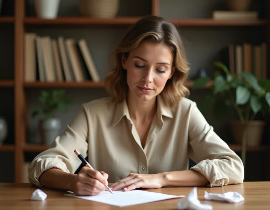 Femme rédigeant une lettre de motivation manuscrite à son bureau avec un stylo plume