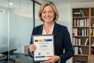 Femme cadre tenant une médaille du travail et son certificat officiel dans un bureau moderne, symbolisant la reconnaissance professionnelle après 25 ans d'ancienneté