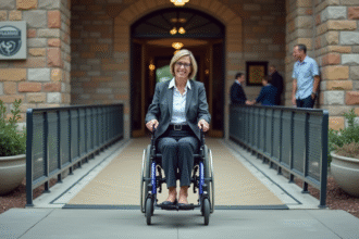 Femme en fauteuil roulant devant un bâtiment accessible