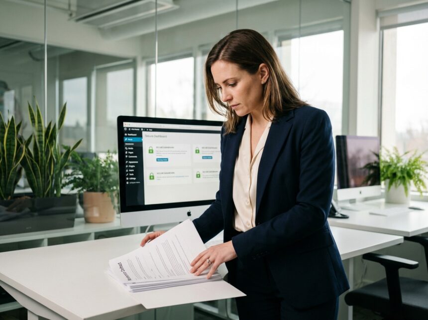 Femme d'affaires vérifiant un contrat de maintenance dans un bureau moderne
