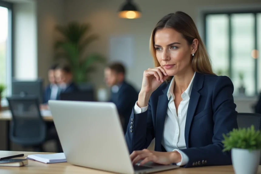 Femme professionnelle optimisant son profil sur un réseau de recrutement depuis son bureau en open space