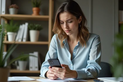 Jeune femme utilisant WhatsApp Business dans un bureau cosy