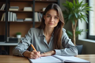 Femme concentrée planifiant ses priorites dans un agenda