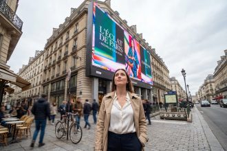 Jeune femme élégante devant une affiche à Paris