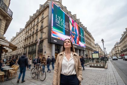 Jeune femme élégante devant une affiche à Paris
